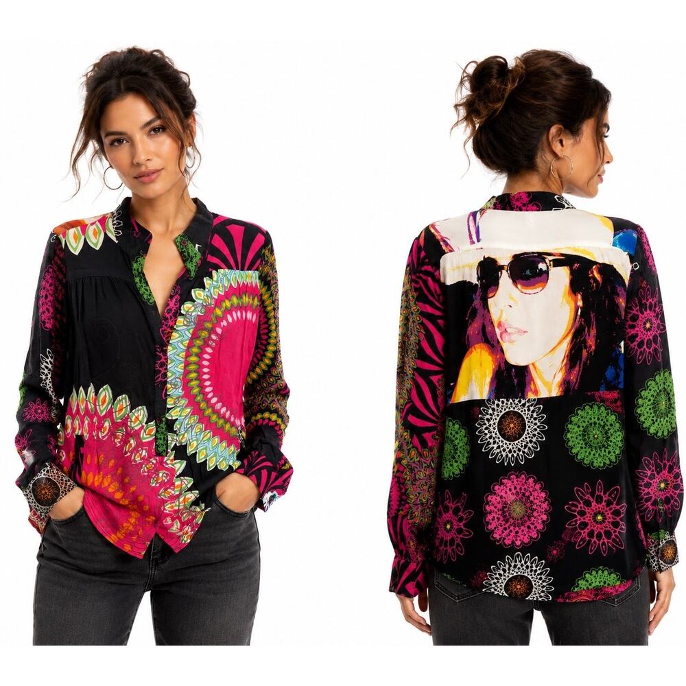 1990s Desigual Abstract Graphic Viscose Button Front Pocket Blouse Top Small